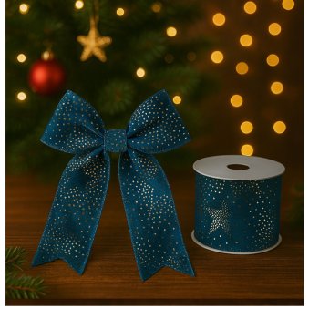 Fita Decorativa Aveludada Azul com Detalhes em Dourado - 9,14m