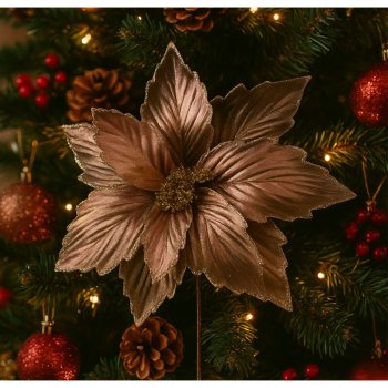 Flor Natalina Champagne  Metalizado com Glitter - 30cm