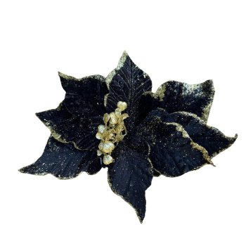 Flor Natalina Preta com Glitter em Dourado - 24cm