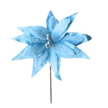 Flor Natalina Azul com Testura Aveludado - 28cm