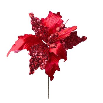 Flor Natalina Vermelho com Glitter e Lantejoulas - 26cm