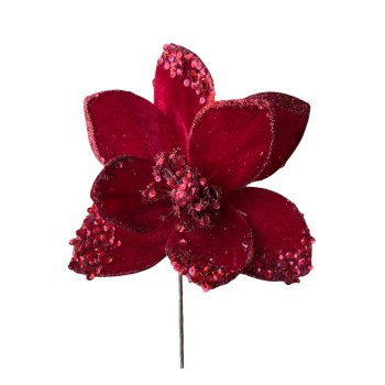 Flor Natalina Vermelha com Lantejoula e Glitter - 18cm