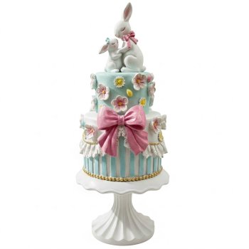 Escultura Bolo de Páscoa com Coelhos e Laço - 100% Resina 44cm