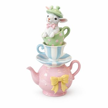 Escultura Torre de Chá com Coelho da Páscoa - 100% Resina 26cm