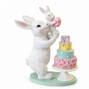 Enfeite Coelho e Filhote Decorativo Bolo 100% Resina 27cm